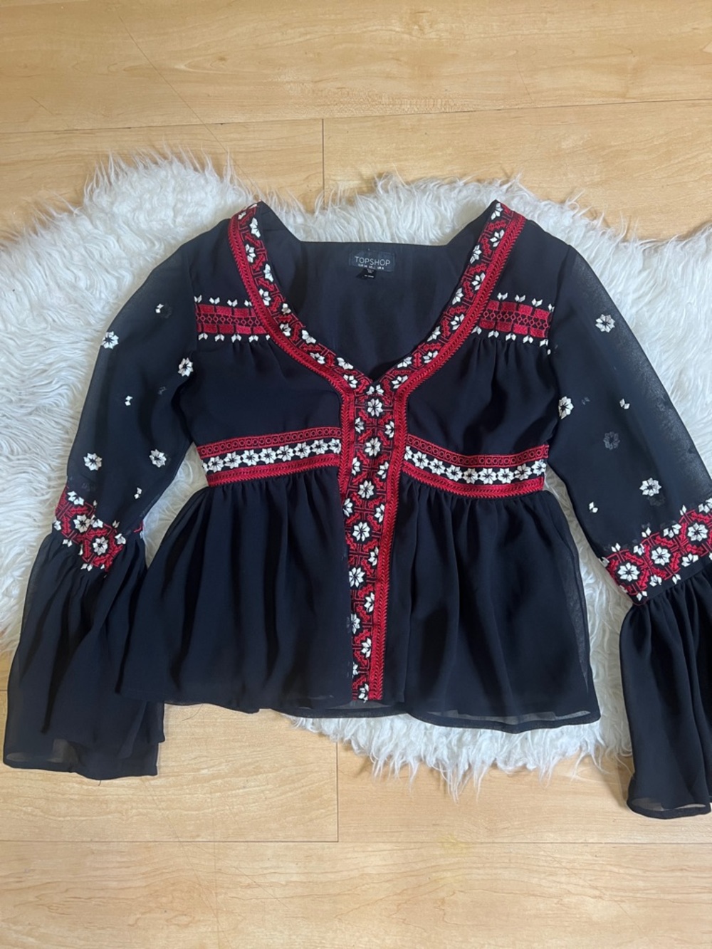 Topshop Black Blouse with Red and White Embroidery